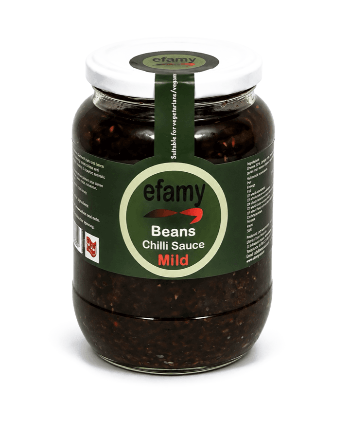 Jar of Efamy beans chilli sauce with a dark green label