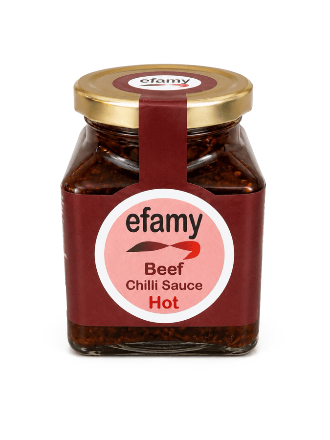 Jar of Efamy beef chilli sauce with a burgundy label