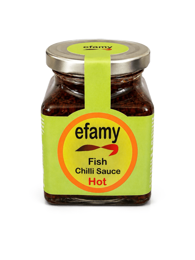 Jar of Efamy fish chilli sauce with a green label