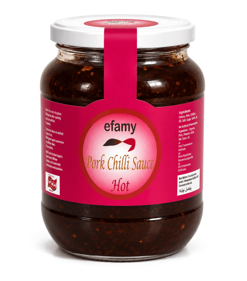 Jar of Efamy pork chilli sauce with a pink label